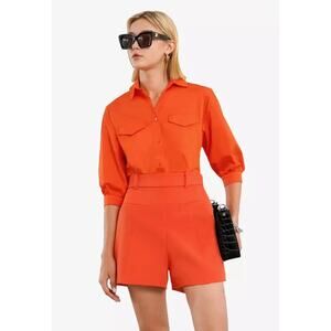 Saturday Club Classy Collared Short Romper Tiger Orange w/ Side Zipper Size Med